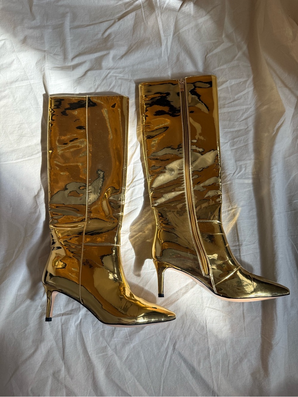 Shiny Gold Knee-High Stiletto Boots - Metallic Pointed Toe